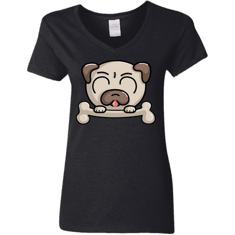 T-Shirts Black / S Cute Pug and Bone Women's V-Neck T-Shirt