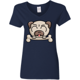 T-Shirts Navy / S Cute Pug and Bone Women's V-Neck T-Shirt