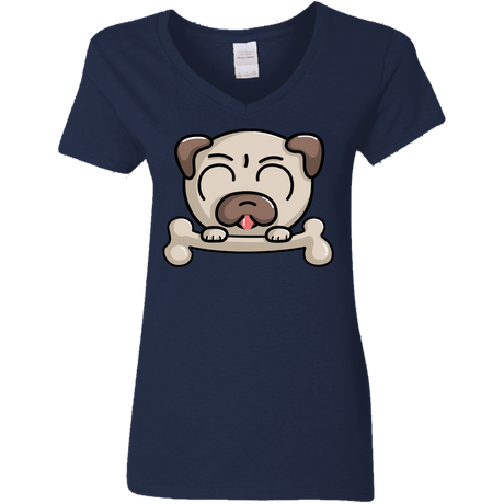 T-Shirts Navy / S Cute Pug and Bone Women's V-Neck T-Shirt