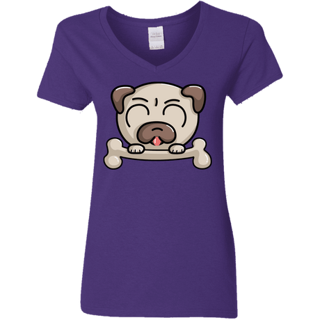 T-Shirts Purple / S Cute Pug and Bone Women's V-Neck T-Shirt