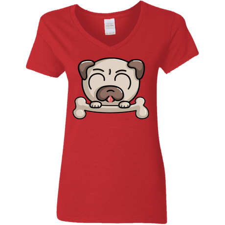 T-Shirts Red / S Cute Pug and Bone Women's V-Neck T-Shirt