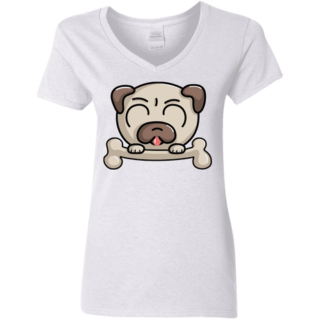 T-Shirts White / S Cute Pug and Bone Women's V-Neck T-Shirt