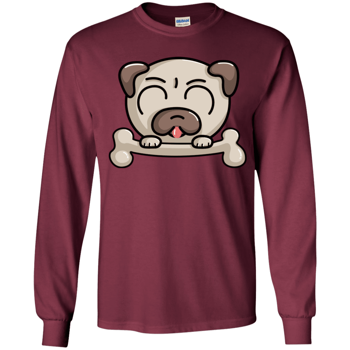 T-Shirts Maroon / YS Cute Pug and Bone Youth Long Sleeve T-Shirt
