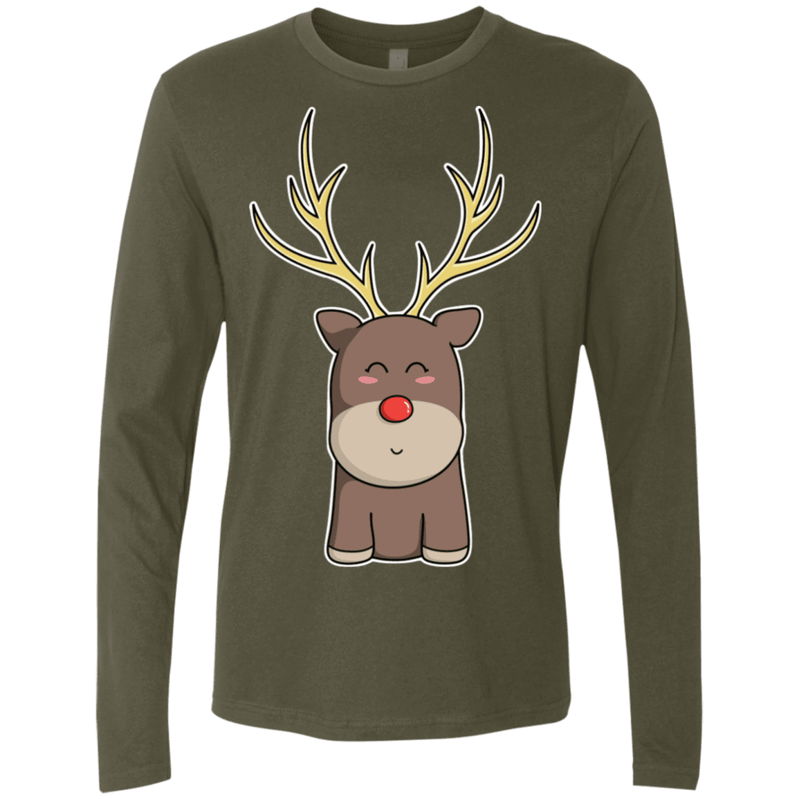 T-Shirts Military Green / S Kawaii Christmas Reindeer Men's Premium Long Sleeve