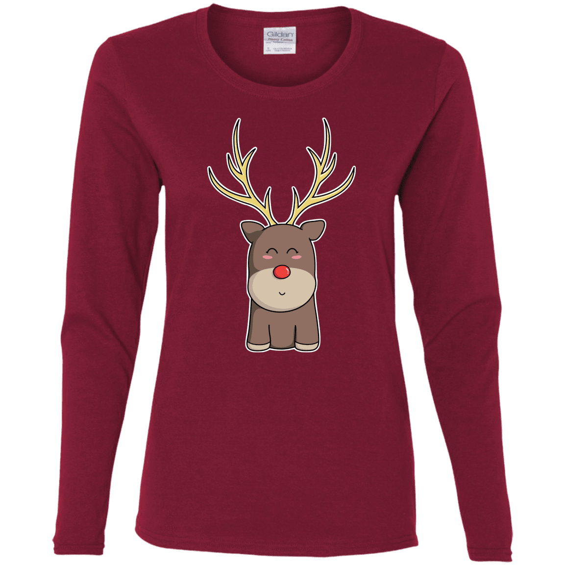 T-Shirts Cardinal / S Kawaii Christmas Reindeer Women's Long Sleeve T-Shirt