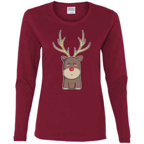 T-Shirts Cardinal / S Kawaii Christmas Reindeer Women's Long Sleeve T-Shirt