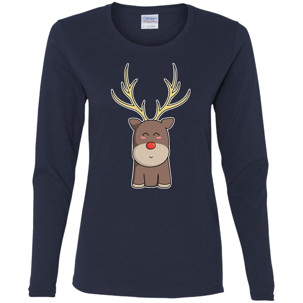 T-Shirts Navy / S Kawaii Christmas Reindeer Women's Long Sleeve T-Shirt