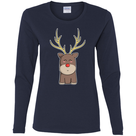 T-Shirts Navy / S Kawaii Christmas Reindeer Women's Long Sleeve T-Shirt