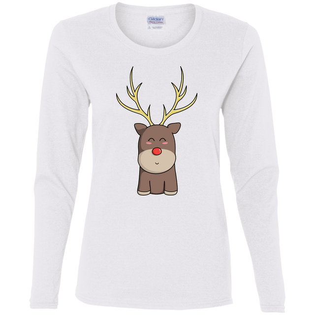 T-Shirts White / S Kawaii Christmas Reindeer Women's Long Sleeve T-Shirt