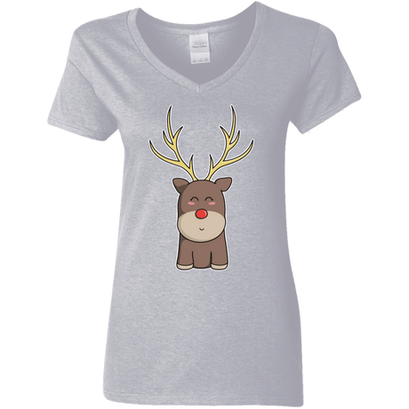 T-Shirts Sport Grey / S Kawaii Christmas Reindeer Women's V-Neck T-Shirt