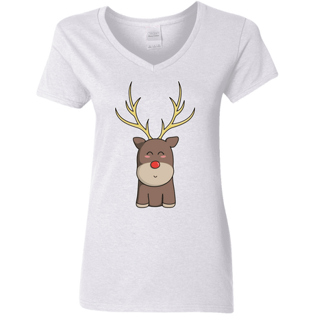 T-Shirts White / S Kawaii Christmas Reindeer Women's V-Neck T-Shirt