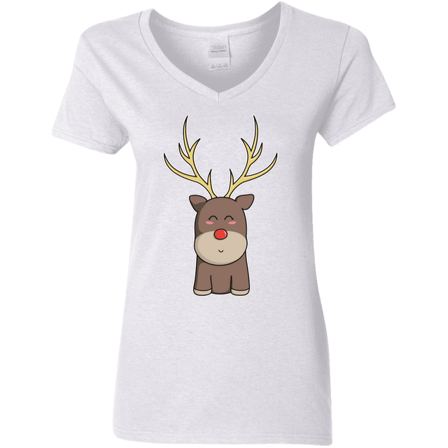 T-Shirts White / S Kawaii Christmas Reindeer Women's V-Neck T-Shirt