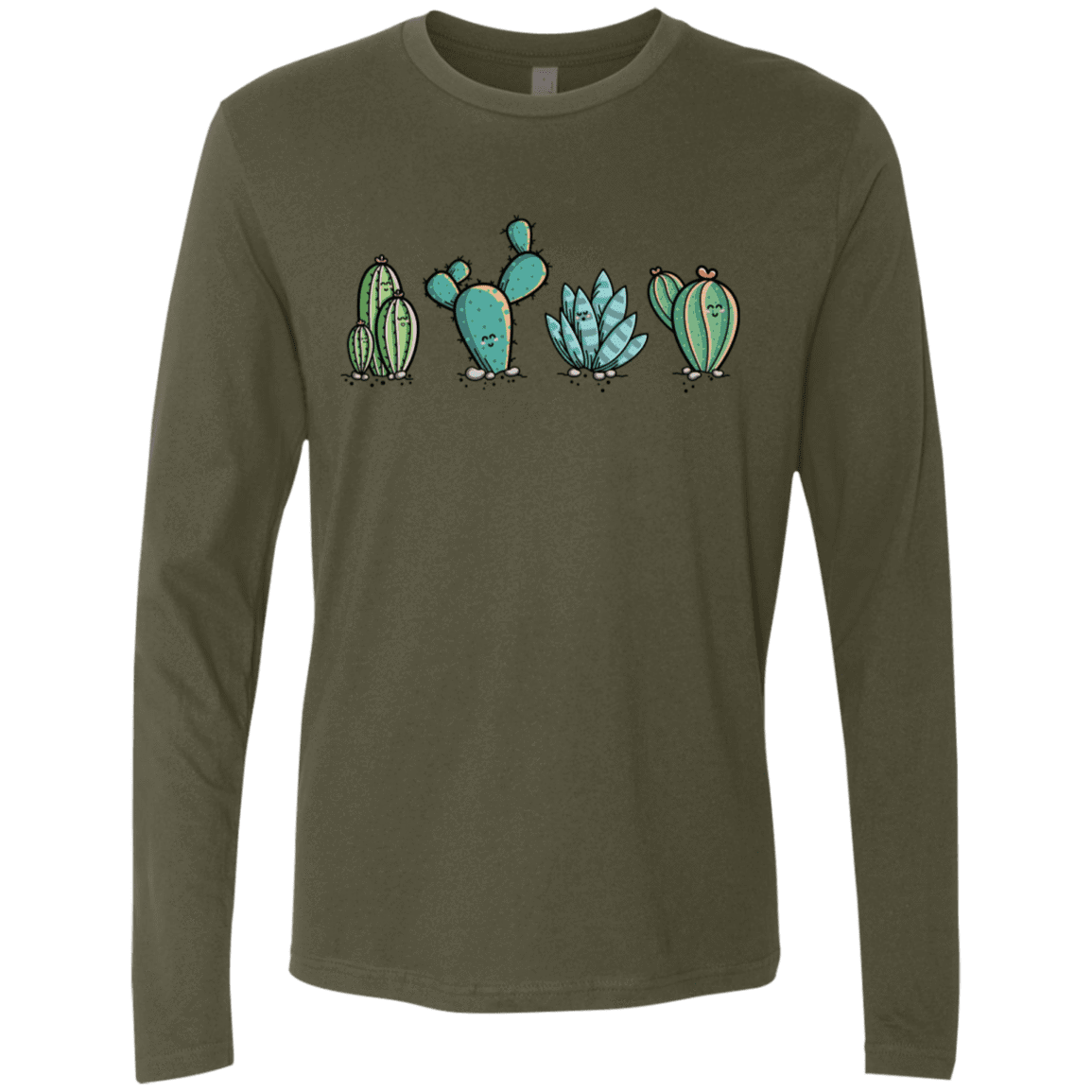 T-Shirts Military Green / S Kawaii Cute Cactus Plants Men's Premium Long Sleeve
