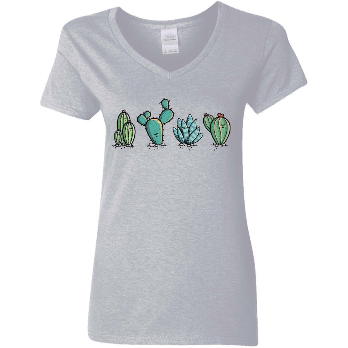 T-Shirts Sport Grey / S Kawaii Cute Cactus Plants Women's V-Neck T-Shirt