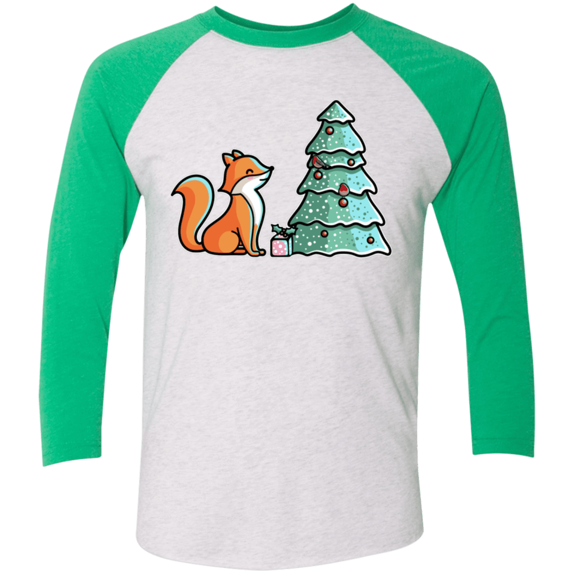 T-Shirts Heather White/Envy / X-Small Kawaii Cute Christmas Fox Men's Triblend 3/4 Sleeve