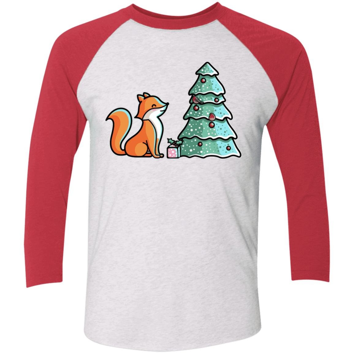 T-Shirts Heather White/Vintage Red / X-Small Kawaii Cute Christmas Fox Men's Triblend 3/4 Sleeve
