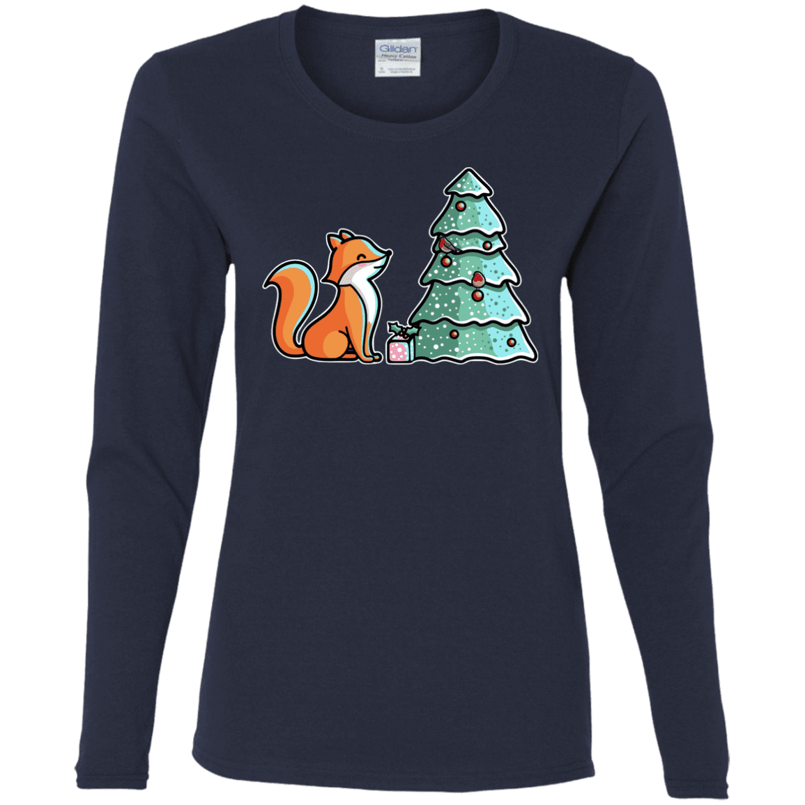 T-Shirts Navy / S Kawaii Cute Christmas Fox Women's Long Sleeve T-Shirt