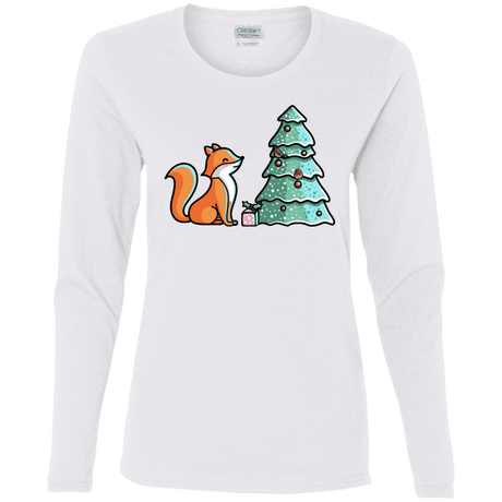 T-Shirts White / S Kawaii Cute Christmas Fox Women's Long Sleeve T-Shirt