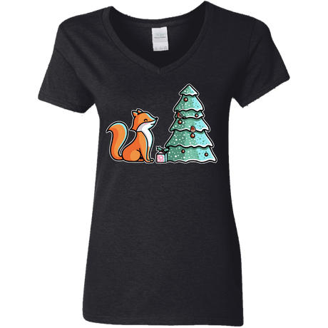 T-Shirts Black / S Kawaii Cute Christmas Fox Women's V-Neck T-Shirt