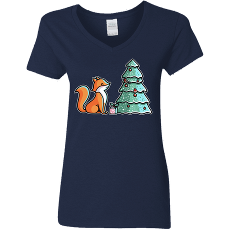 T-Shirts Navy / S Kawaii Cute Christmas Fox Women's V-Neck T-Shirt