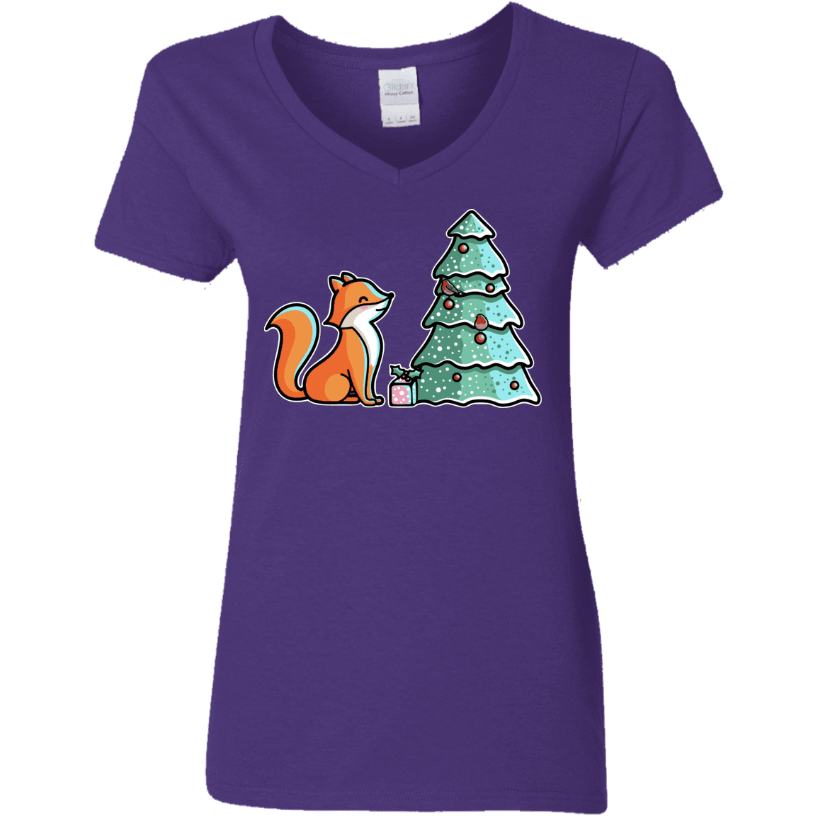 T-Shirts Purple / S Kawaii Cute Christmas Fox Women's V-Neck T-Shirt