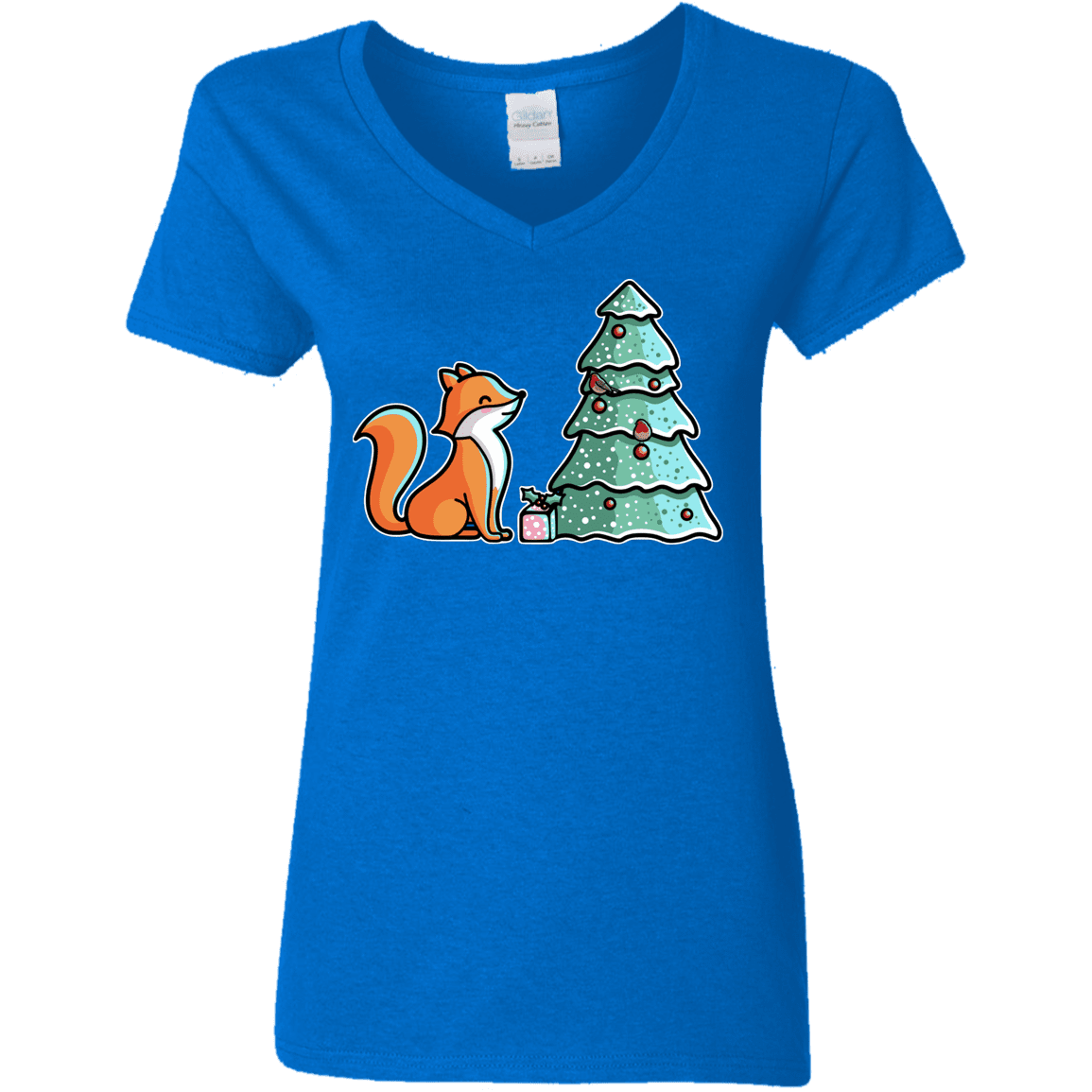 T-Shirts Royal / S Kawaii Cute Christmas Fox Women's V-Neck T-Shirt