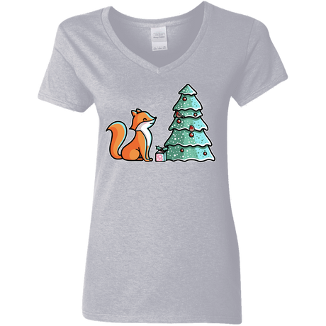 T-Shirts Sport Grey / S Kawaii Cute Christmas Fox Women's V-Neck T-Shirt