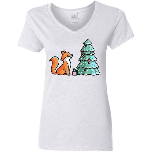 T-Shirts White / S Kawaii Cute Christmas Fox Women's V-Neck T-Shirt