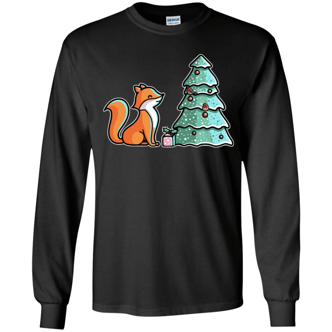 T-Shirts Black / YS Kawaii Cute Christmas Fox Youth Long Sleeve T-Shirt