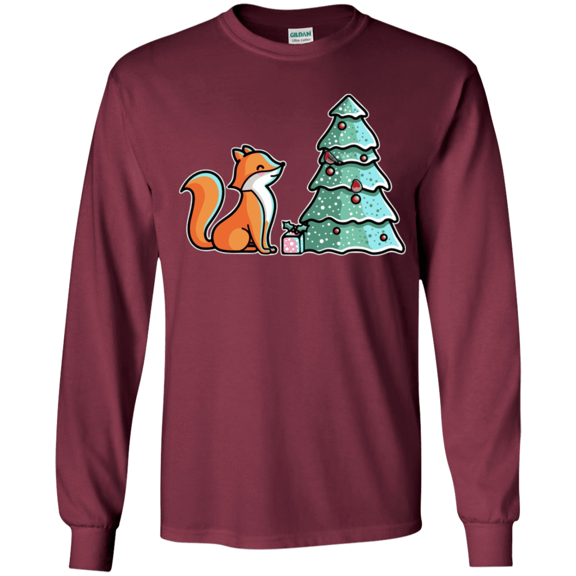 T-Shirts Maroon / YS Kawaii Cute Christmas Fox Youth Long Sleeve T-Shirt