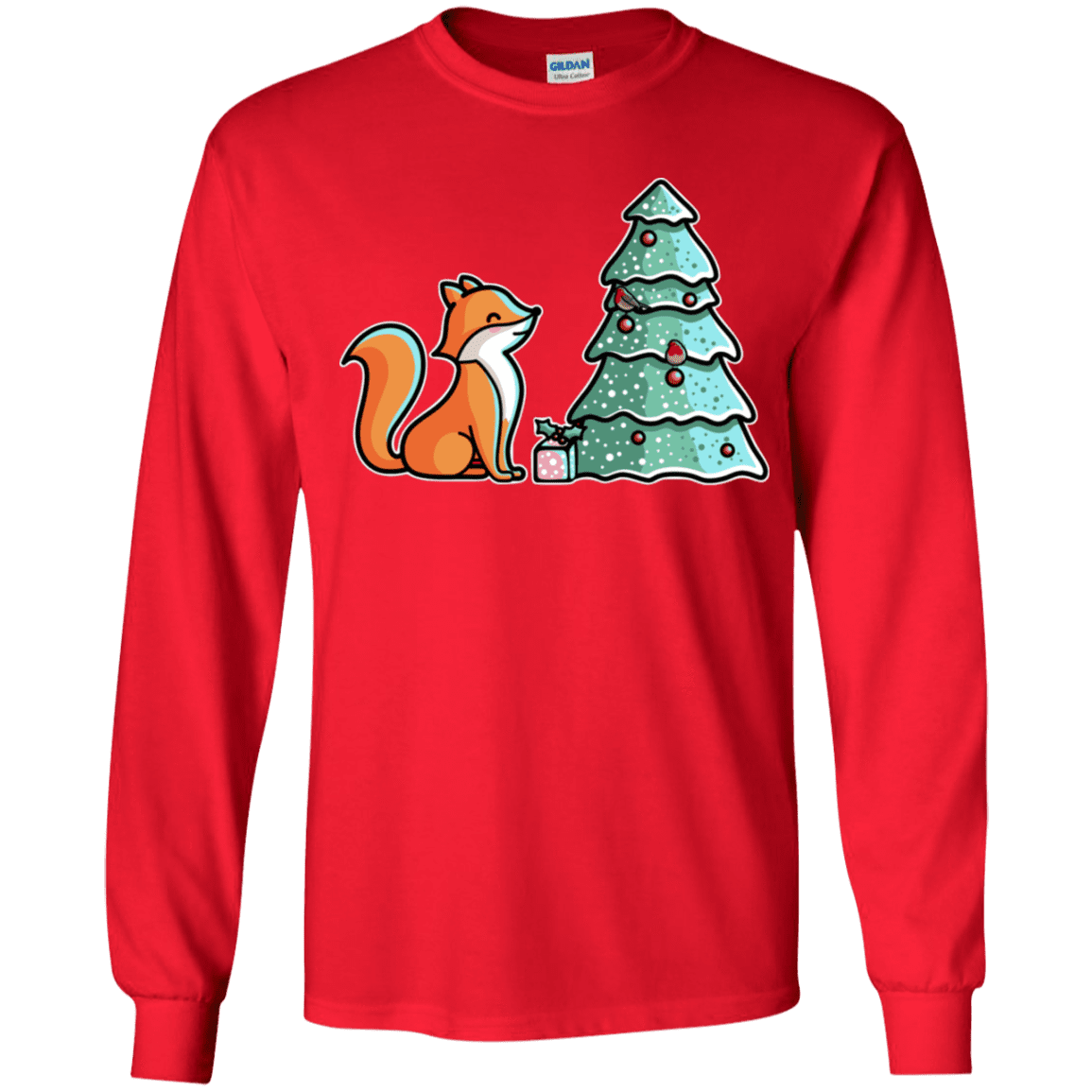 T-Shirts Red / YS Kawaii Cute Christmas Fox Youth Long Sleeve T-Shirt