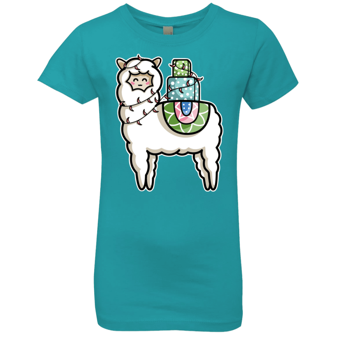 T-Shirts Tahiti Blue / YXS Kawaii Cute Llama Carrying Presents Girls Premium T-Shirt