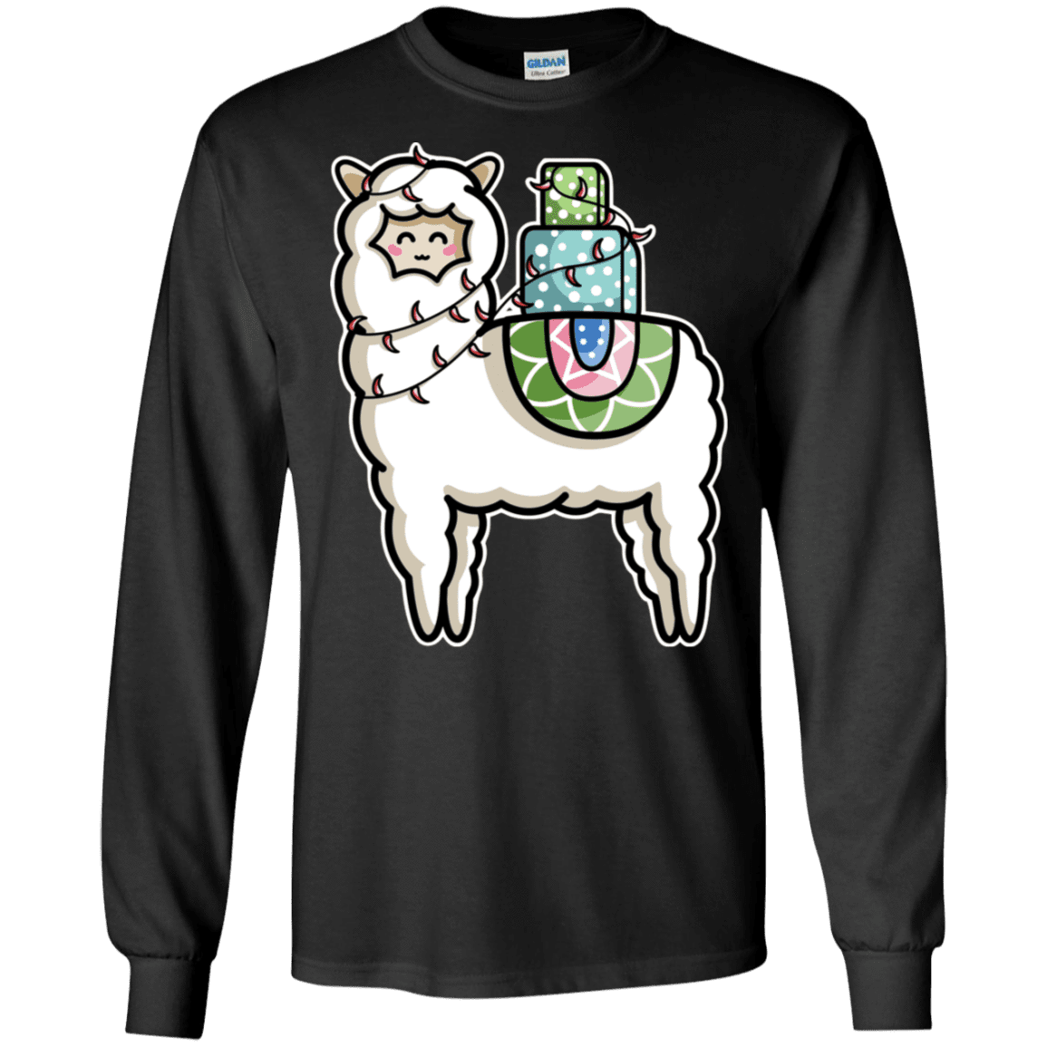 T-Shirts Black / S Kawaii Cute Llama Carrying Presents Men's Long Sleeve T-Shirt