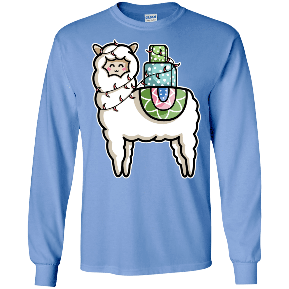 T-Shirts Carolina Blue / S Kawaii Cute Llama Carrying Presents Men's Long Sleeve T-Shirt