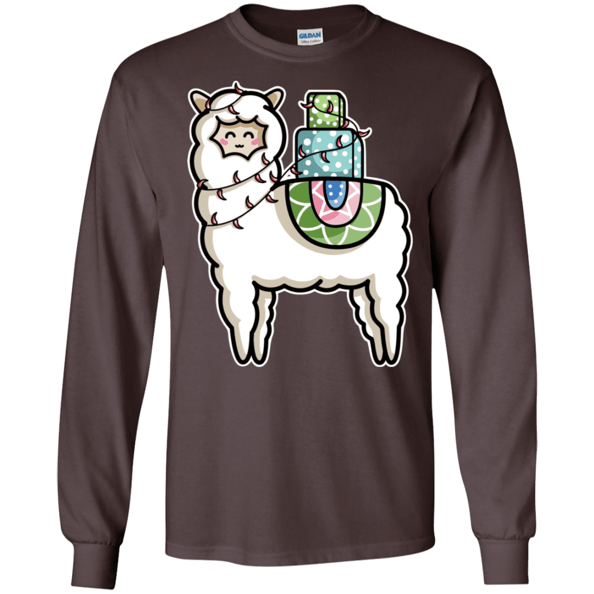 T-Shirts Dark Chocolate / S Kawaii Cute Llama Carrying Presents Men's Long Sleeve T-Shirt