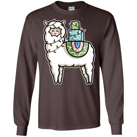 T-Shirts Dark Chocolate / S Kawaii Cute Llama Carrying Presents Men's Long Sleeve T-Shirt