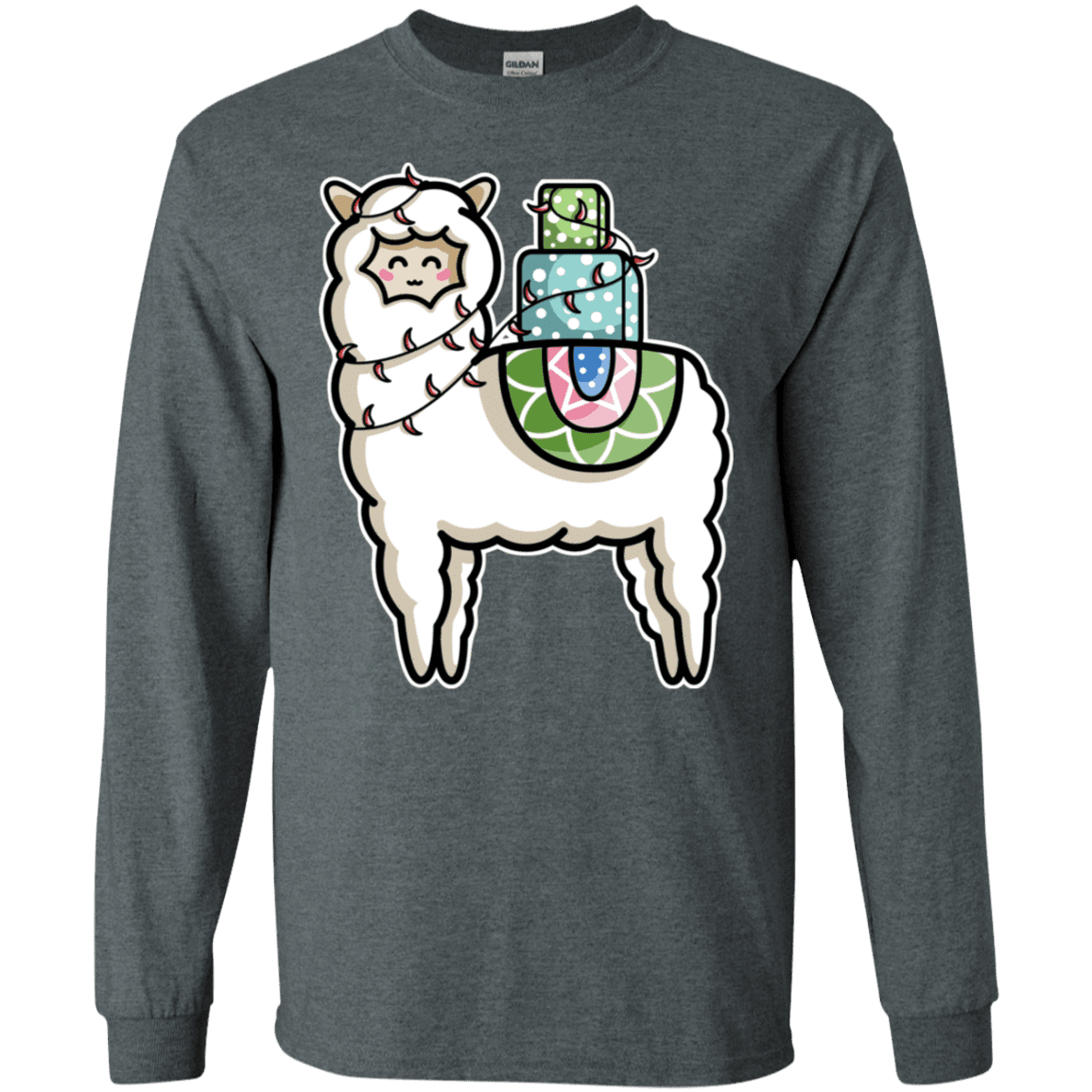 T-Shirts Dark Heather / S Kawaii Cute Llama Carrying Presents Men's Long Sleeve T-Shirt