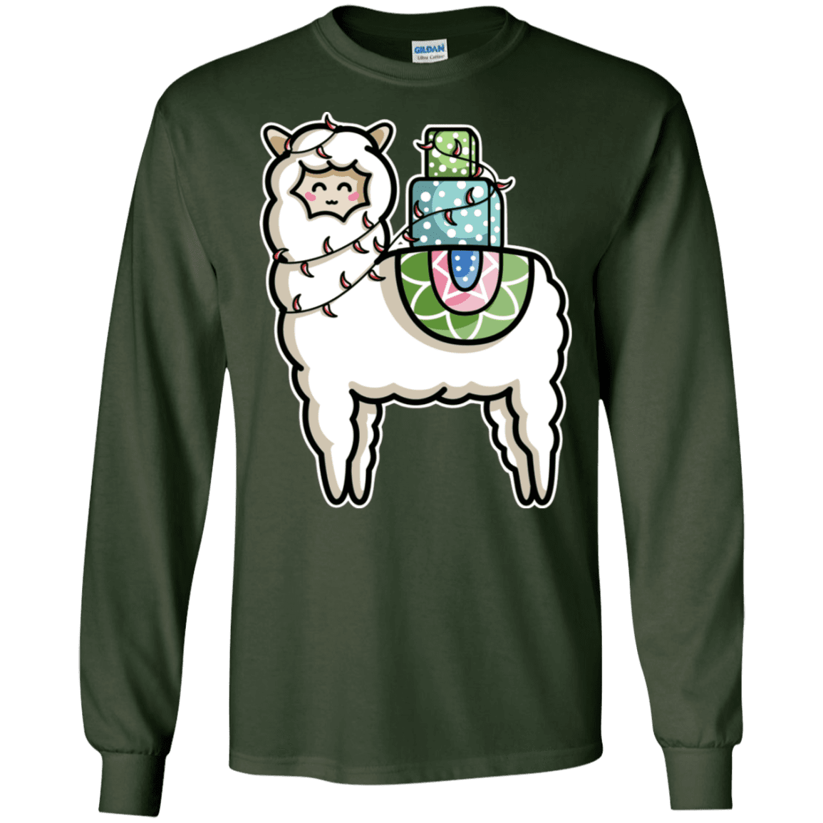 T-Shirts Forest Green / S Kawaii Cute Llama Carrying Presents Men's Long Sleeve T-Shirt