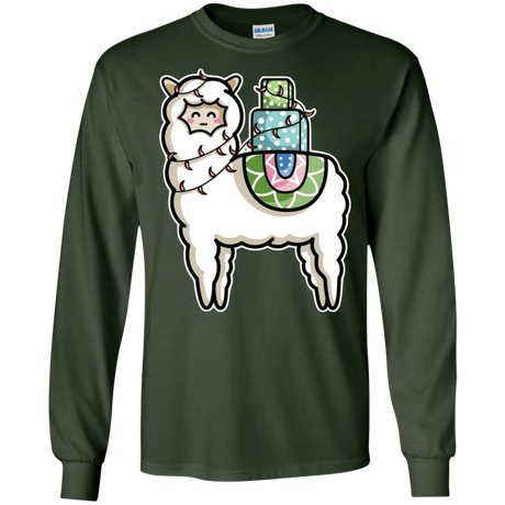 T-Shirts Forest Green / S Kawaii Cute Llama Carrying Presents Men's Long Sleeve T-Shirt