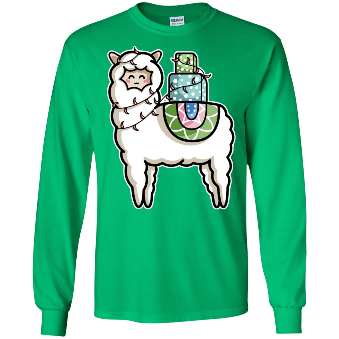 T-Shirts Irish Green / S Kawaii Cute Llama Carrying Presents Men's Long Sleeve T-Shirt