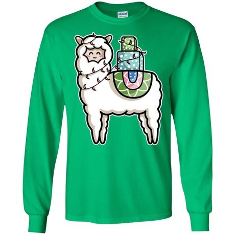 T-Shirts Irish Green / S Kawaii Cute Llama Carrying Presents Men's Long Sleeve T-Shirt