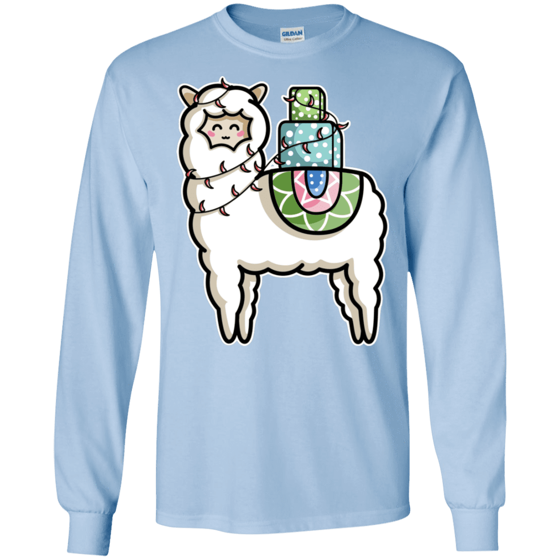 T-Shirts Light Blue / S Kawaii Cute Llama Carrying Presents Men's Long Sleeve T-Shirt