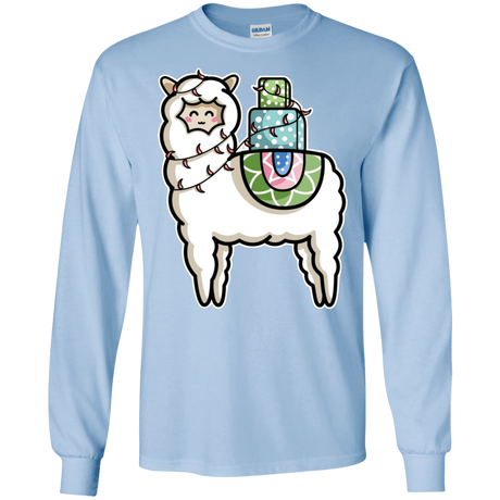 T-Shirts Light Blue / S Kawaii Cute Llama Carrying Presents Men's Long Sleeve T-Shirt