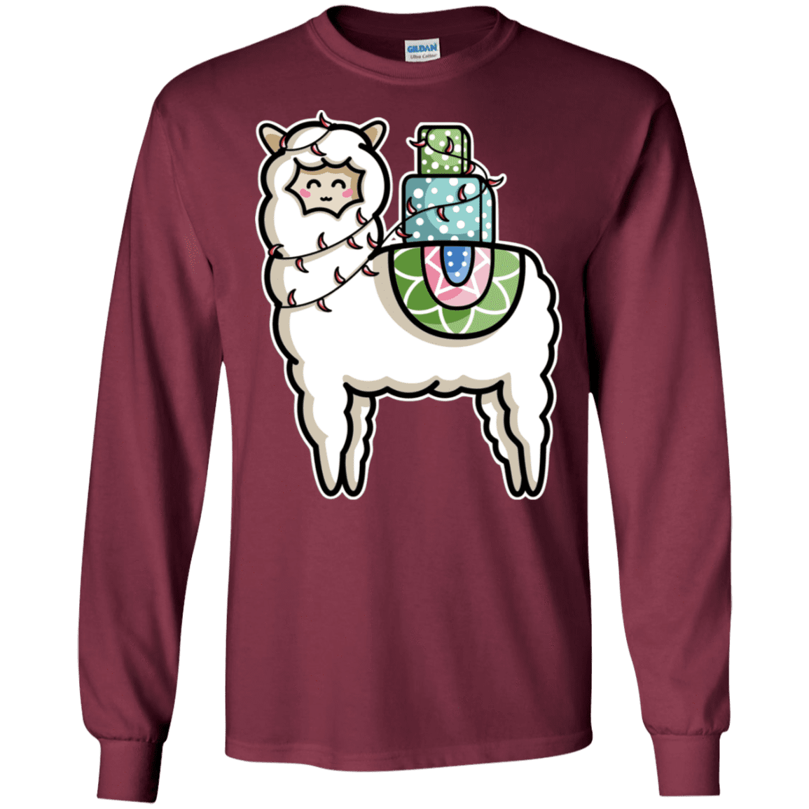 T-Shirts Maroon / S Kawaii Cute Llama Carrying Presents Men's Long Sleeve T-Shirt