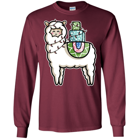 T-Shirts Maroon / S Kawaii Cute Llama Carrying Presents Men's Long Sleeve T-Shirt