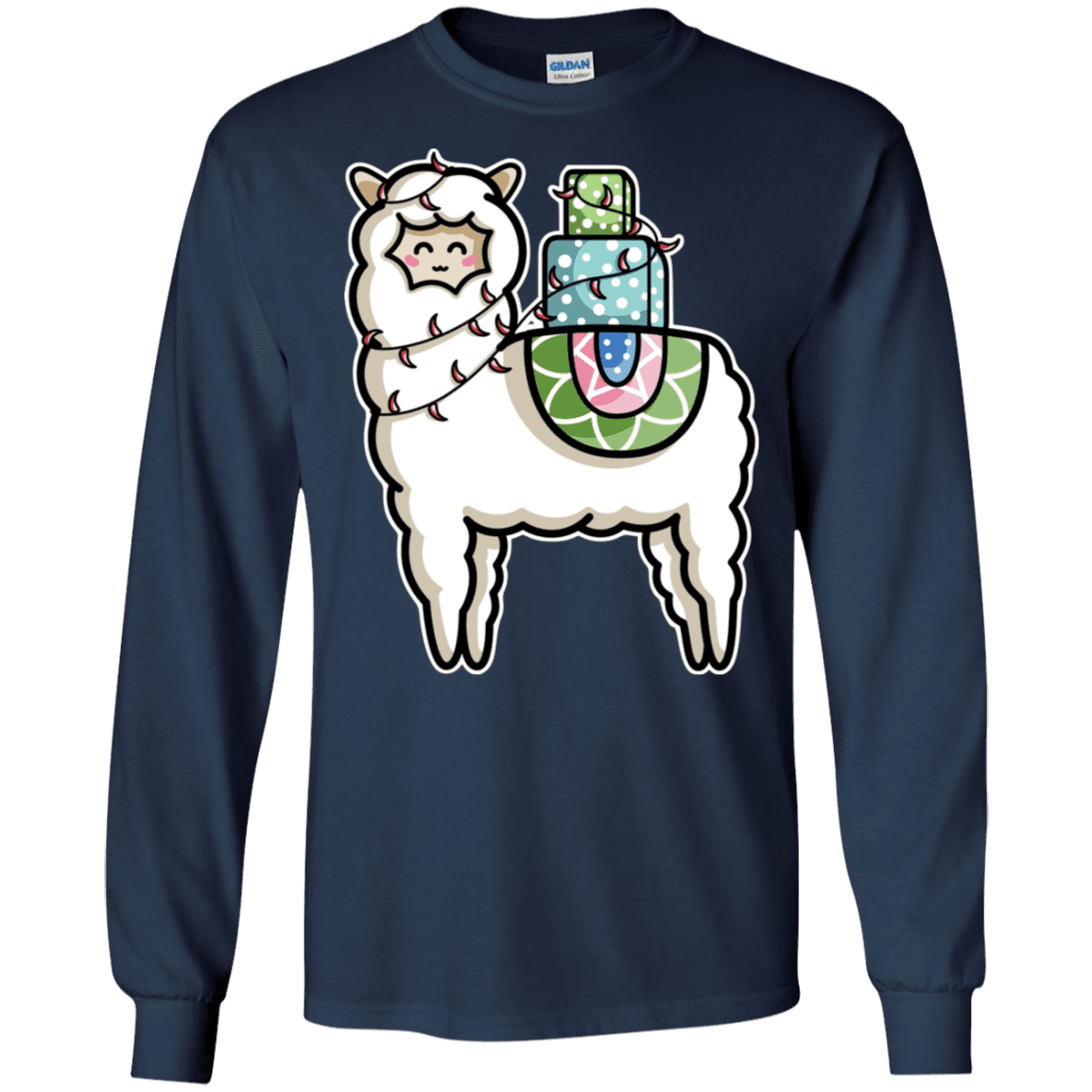 T-Shirts Navy / S Kawaii Cute Llama Carrying Presents Men's Long Sleeve T-Shirt