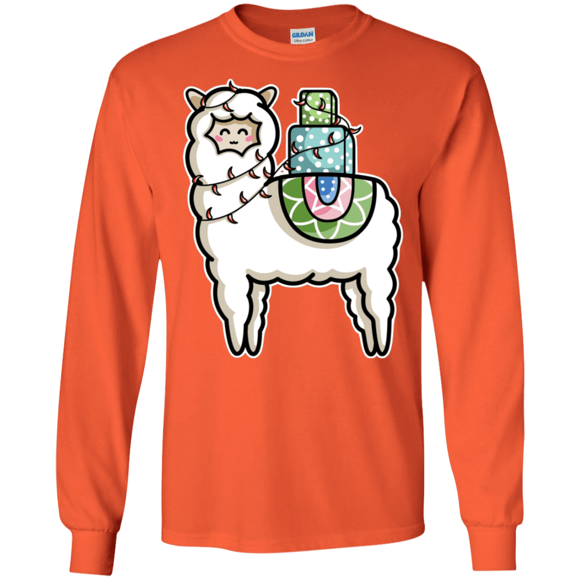 T-Shirts Orange / S Kawaii Cute Llama Carrying Presents Men's Long Sleeve T-Shirt