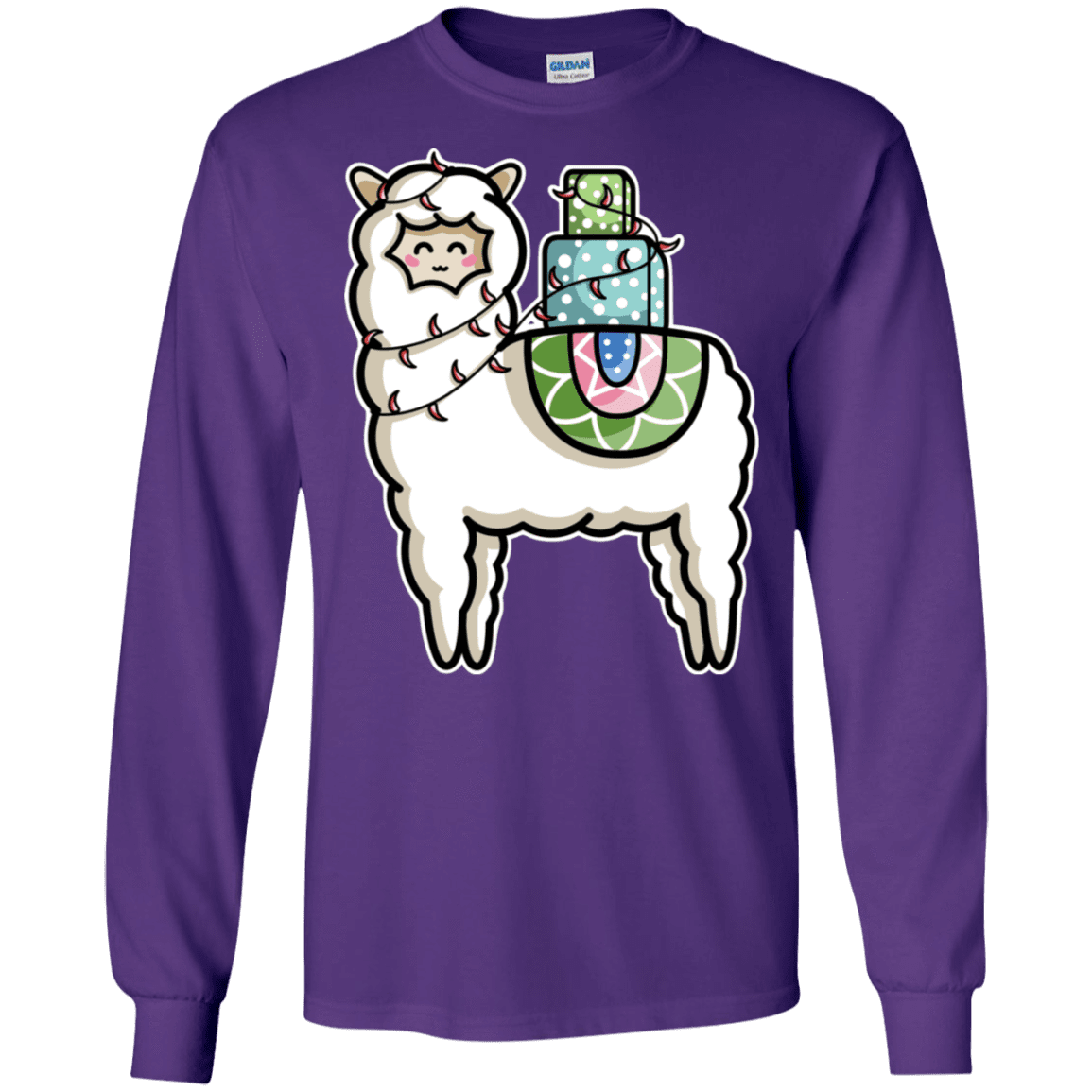 T-Shirts Purple / S Kawaii Cute Llama Carrying Presents Men's Long Sleeve T-Shirt