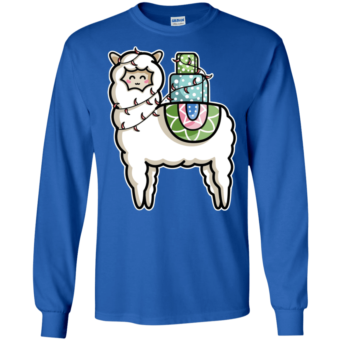 T-Shirts Royal / S Kawaii Cute Llama Carrying Presents Men's Long Sleeve T-Shirt