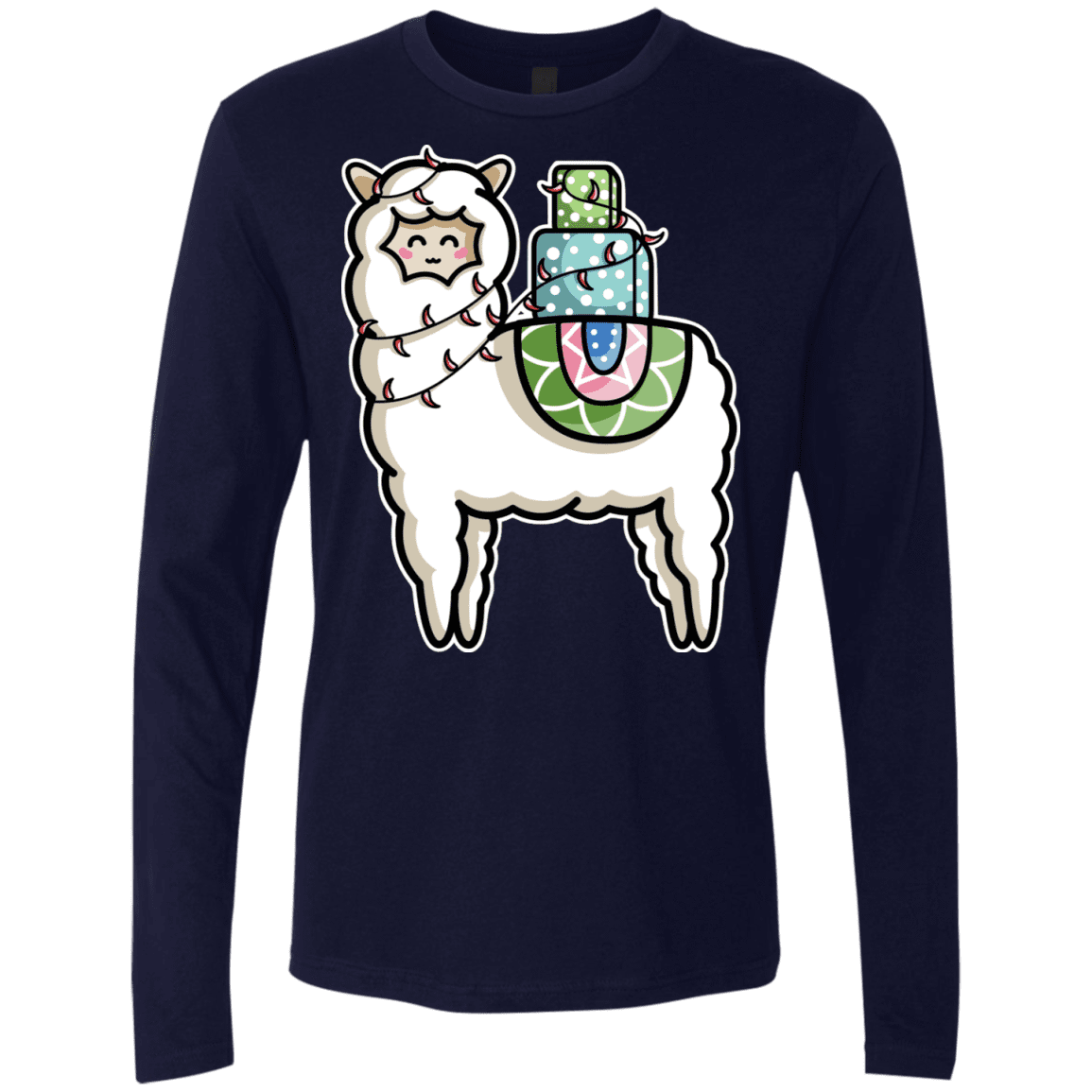 T-Shirts Midnight Navy / S Kawaii Cute Llama Carrying Presents Men's Premium Long Sleeve